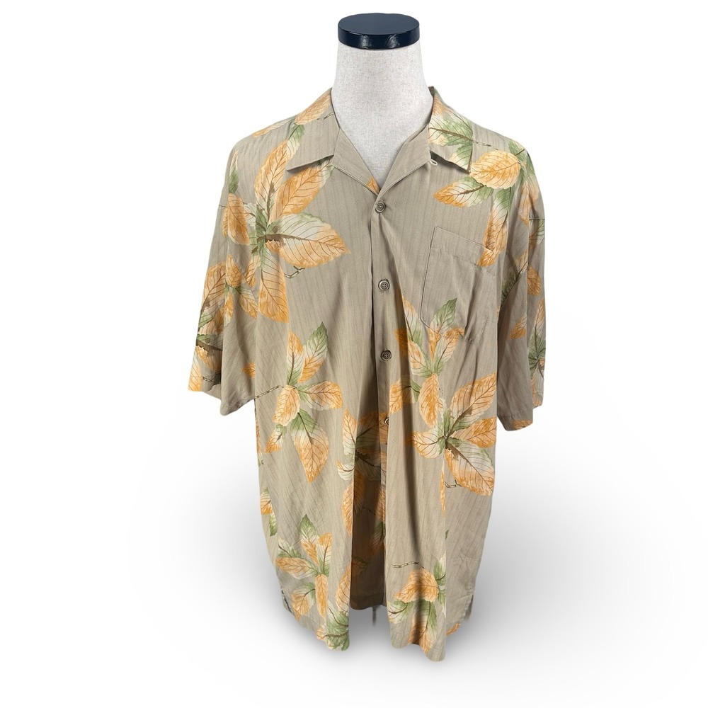 Tommy‎ Bahama Mens XXL Silk Tropical Leaf Print Short Sleeve Button Up Beige Tan